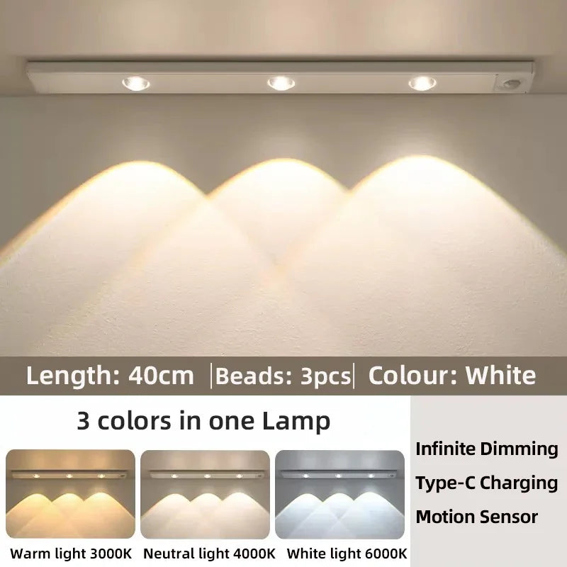 Lumière LED Blanche/Noire pour Armoire Rechargeable par USB Capteur de Mouvement pour Cuisine Garde-Robe Éclairage d'Armoire 20cm/30cm/40cm/50cm
